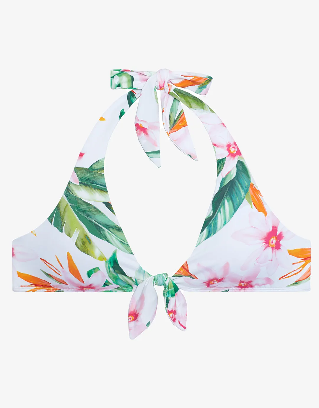 Watercolour Tropical Tie Front Halter Bikini Top - White Multi