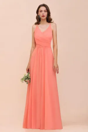 Watermelon Colorful Bridesmaid Maxi Dress Floor-Length V-Neck Maid of Honor Dress