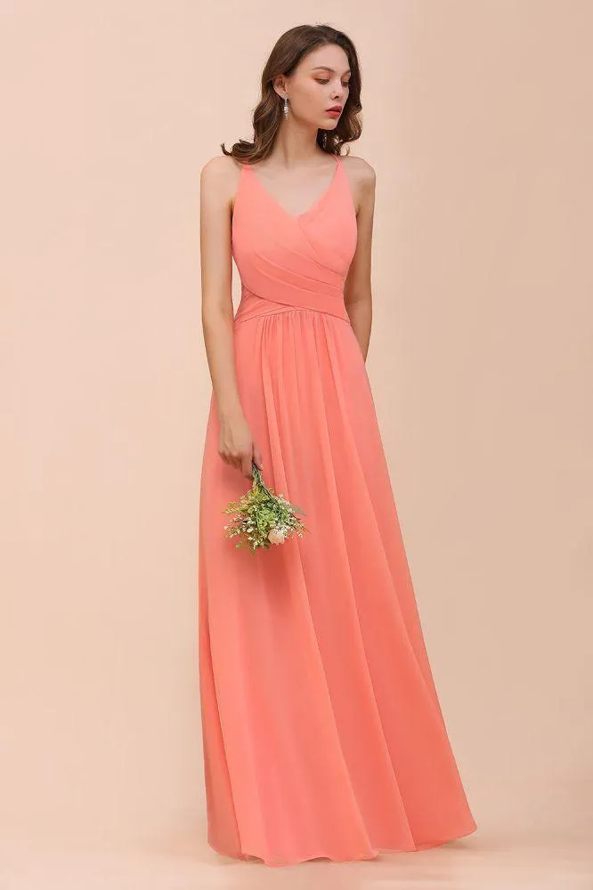 Watermelon Colorful Bridesmaid Maxi Dress Floor-Length V-Neck Maid of Honor Dress