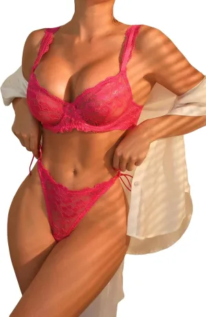 WDIRARA Women's Floral Lace Mesh Tie Side Underwire Lingerie Set Bralettes and Panty Set