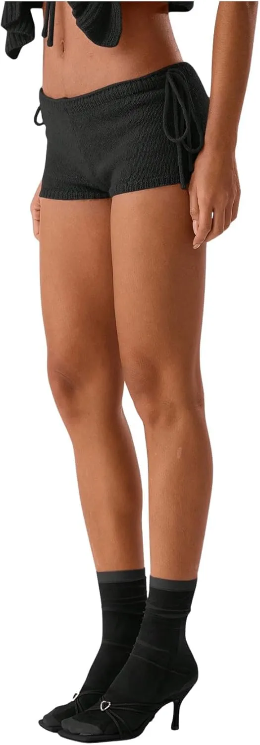 WDIRARA Women's Tie Side Knitted Mini Shorts High Waist Elastic Waisted Summer Cute Shorts