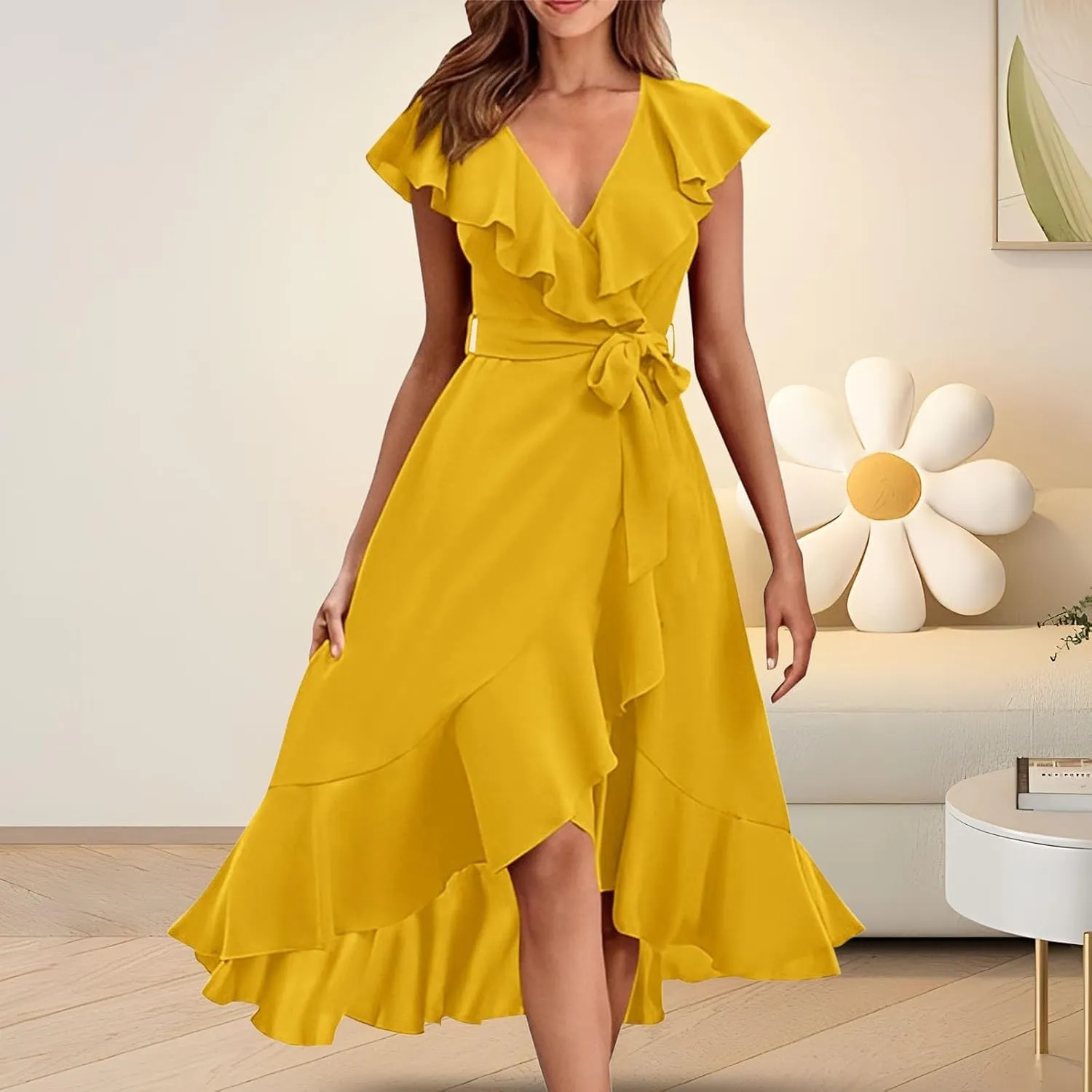 Wedding Guest Dresses for Women 2025 Gowns Evening Party Cocktail Dress Long Split Elegant V Neck Wrap Ruffle Guest Dresses
