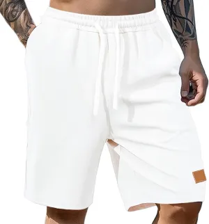 WENKOMG1 Waffle Shorts for Men Knitted Elastic Waist Drawstring Casual Shorts Breathable Solid Color Lounge Wear