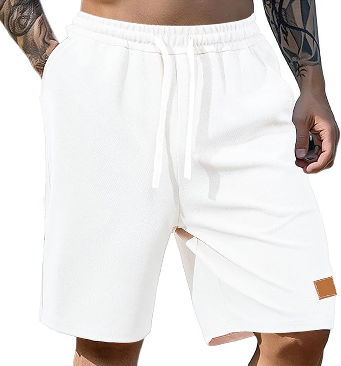 WENKOMG1 Waffle Shorts for Men Knitted Elastic Waist Drawstring Casual Shorts Breathable Solid Color Lounge Wear