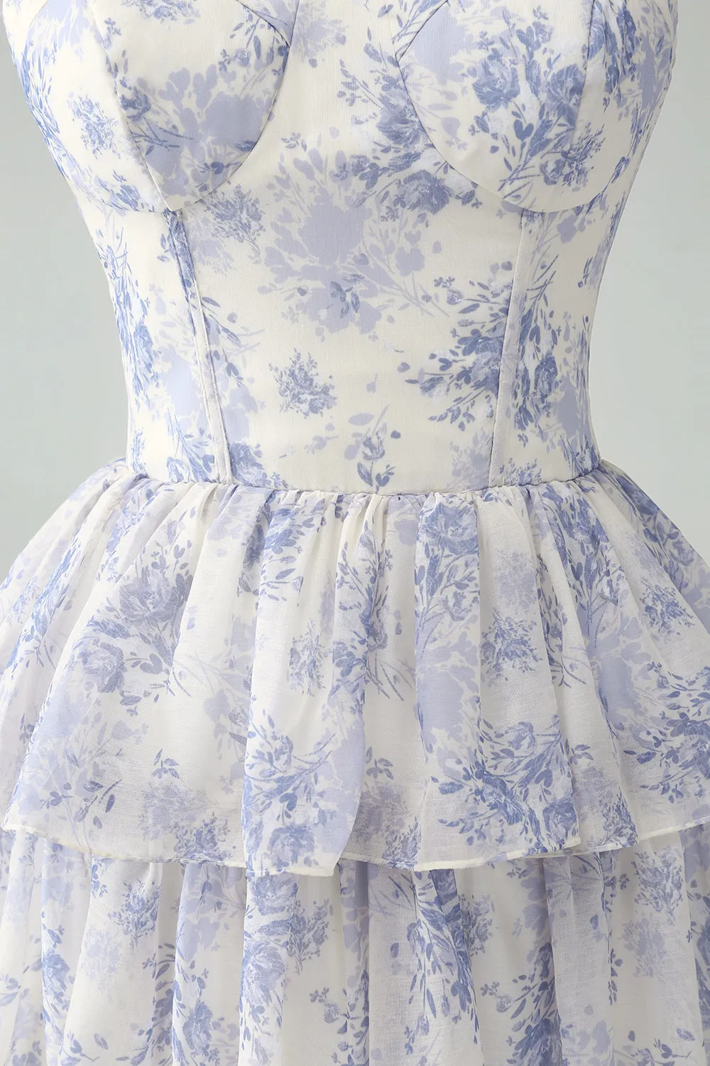 White Blue Floral Spaghetti Straps Tiered Maxi Dress