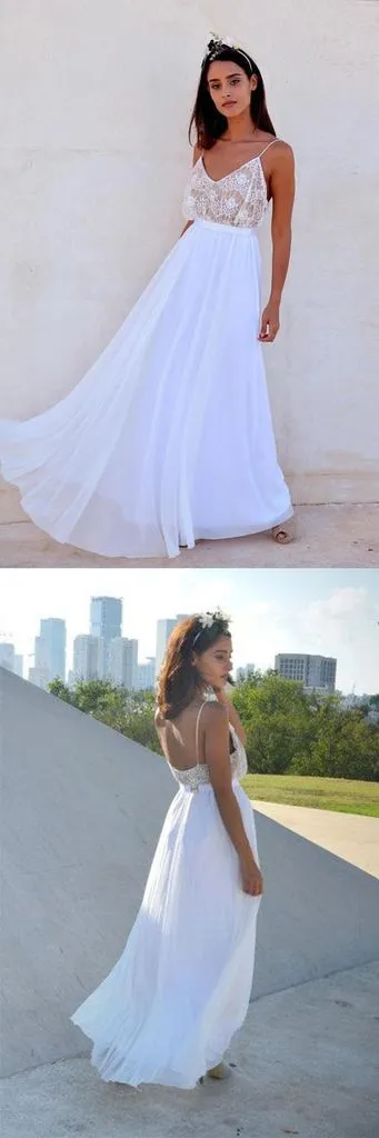White Chiffon Long Beach Wedding Dresses,Simple Prom Dresses PFW0085
