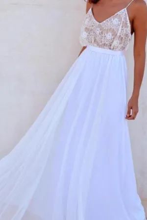 White Chiffon Long Beach Wedding Dresses,Simple Prom Dresses PFW0085