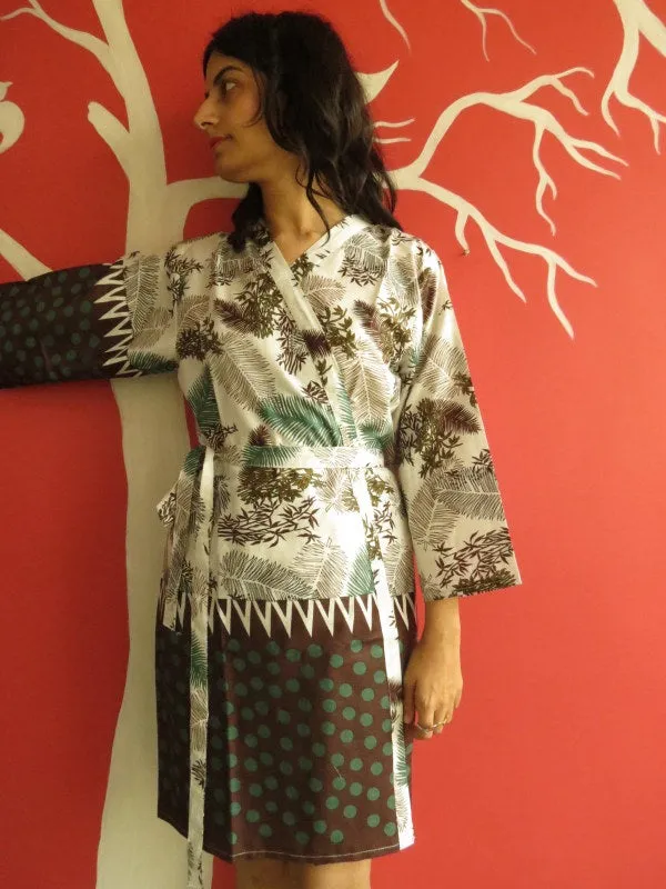 White Green Brown Knee Length, Kimono Crossover Belted Robe