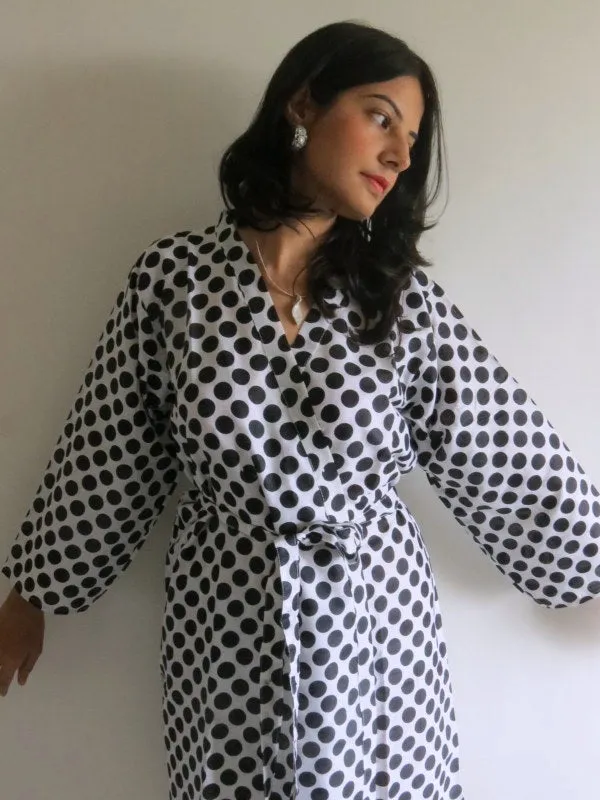 White Polka Dots Knee Length, Kimono Crossover Belted Robe