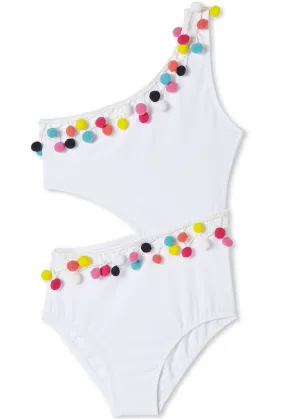 White Side-Cut Swimsuit with Pom Poms