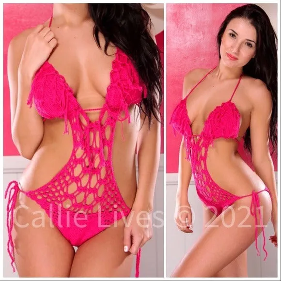 Wholesale 2 Pack: Stasia Hot: Fuchsia Pink Tassel Crochet Monokini