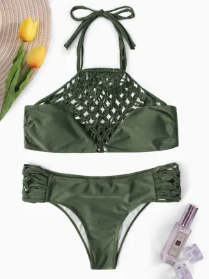 Wholesale Army Green Halter Sleeveless Grid Lace-Up Tie-Up Bikinis