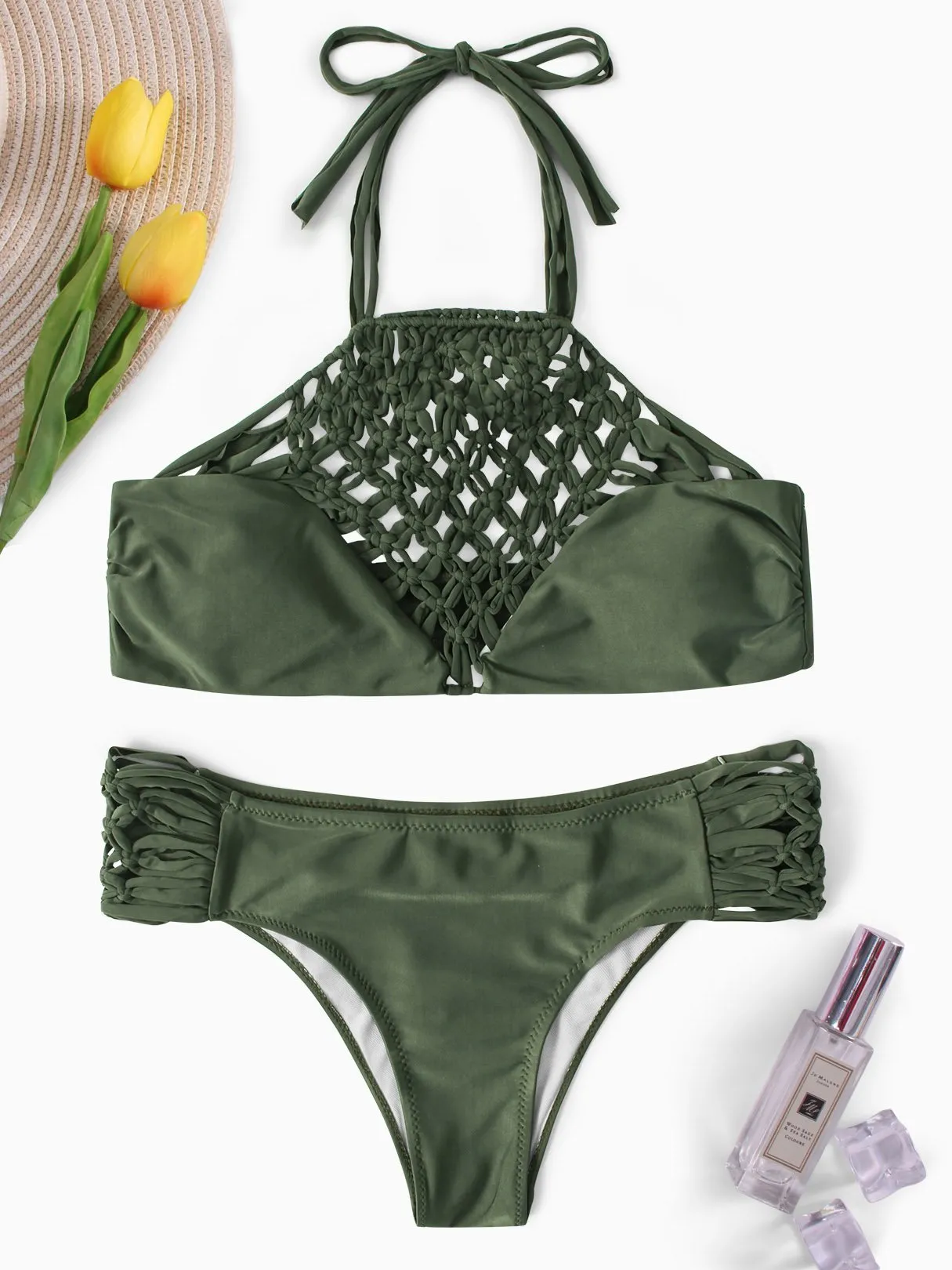 Wholesale Army Green Halter Sleeveless Grid Lace-Up Tie-Up Bikinis
