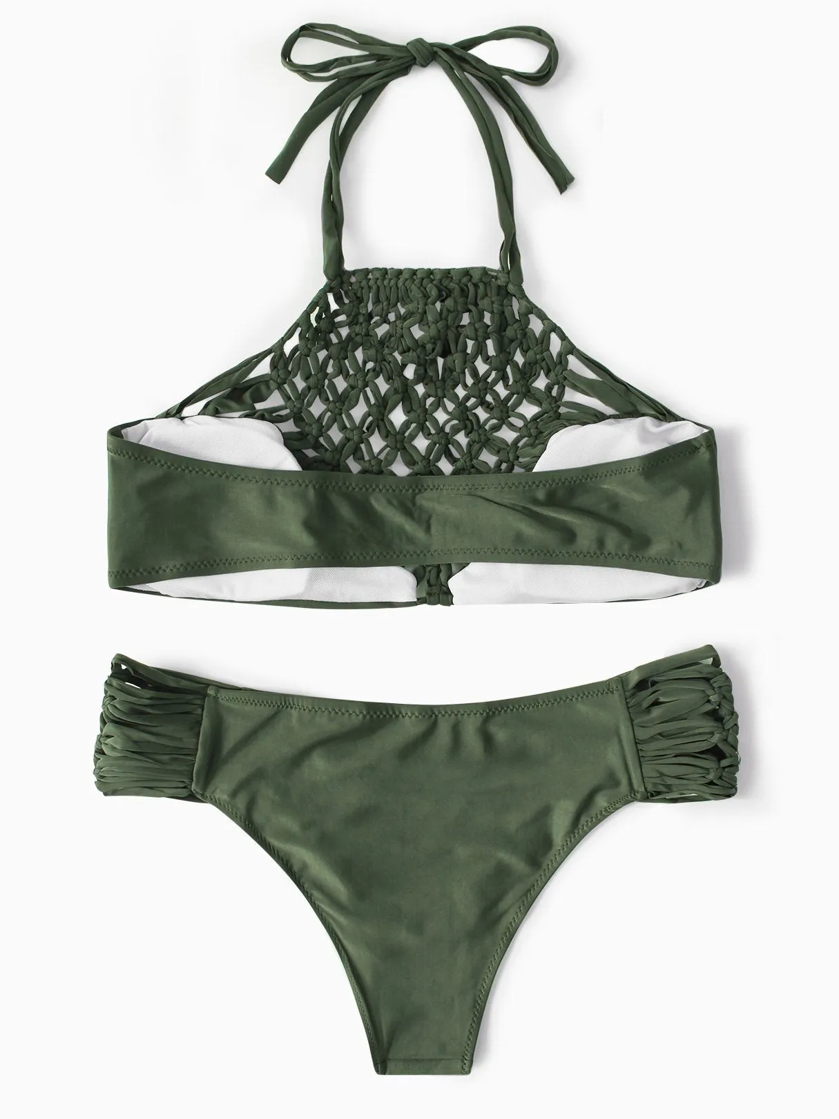 Wholesale Army Green Halter Sleeveless Grid Lace-Up Tie-Up Bikinis