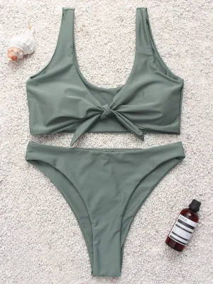 Wholesale Army Green V-Neck Plain High Waist 2 Piece Bikinis