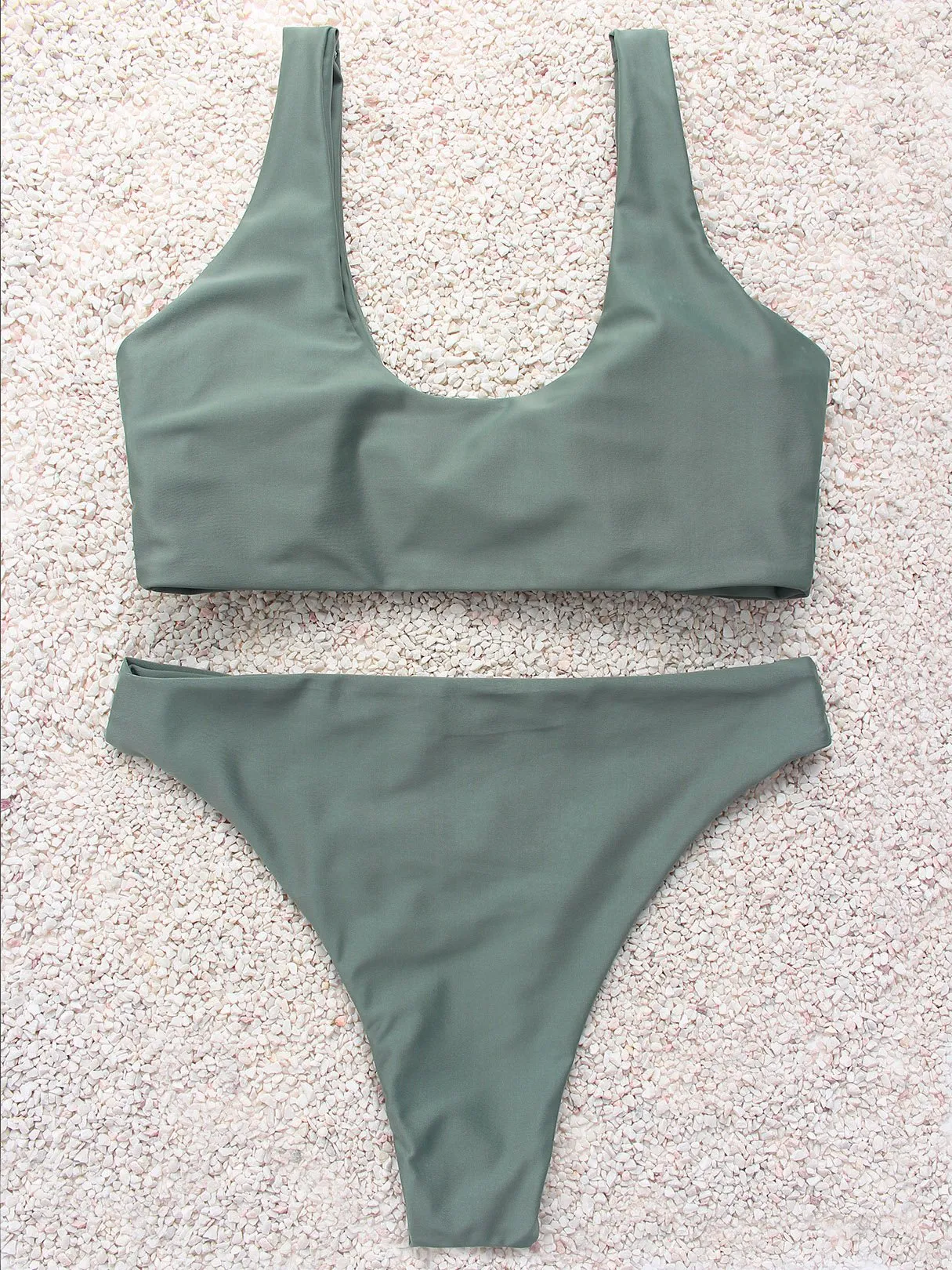 Wholesale Army Green V-Neck Plain High Waist 2 Piece Bikinis