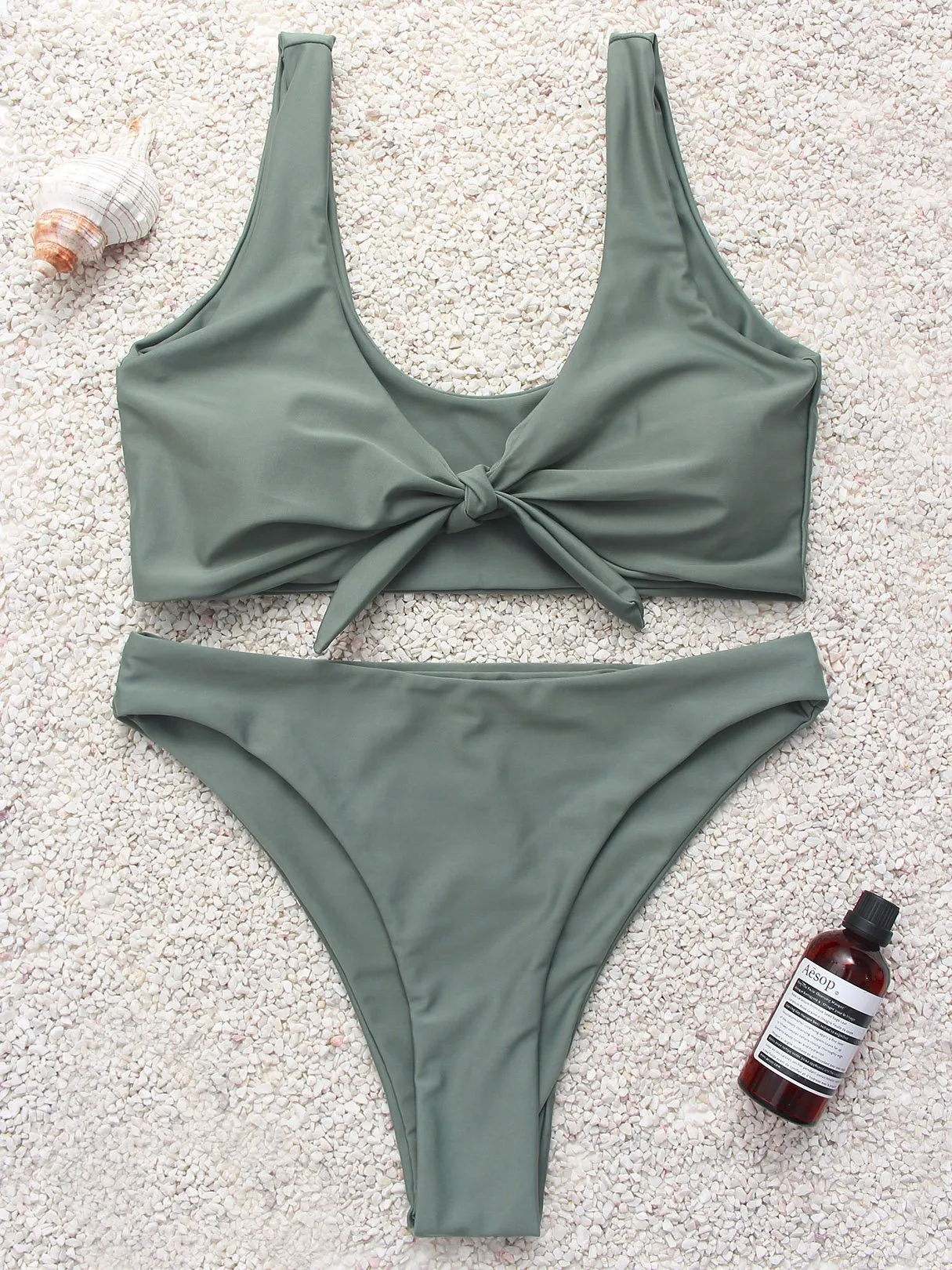 Wholesale Army Green V-Neck Plain High Waist 2 Piece Bikinis