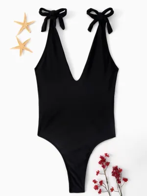 Wholesale Black Deep V-Neck Sleeveless Plain Backless Lace-Up Bikinis