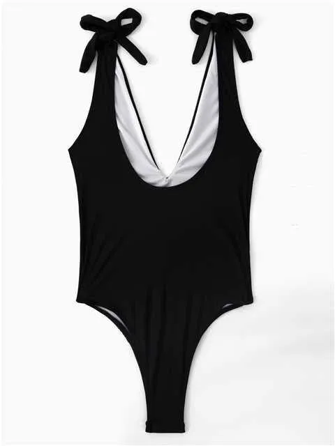 Wholesale Black Deep V-Neck Sleeveless Plain Backless Lace-Up Bikinis