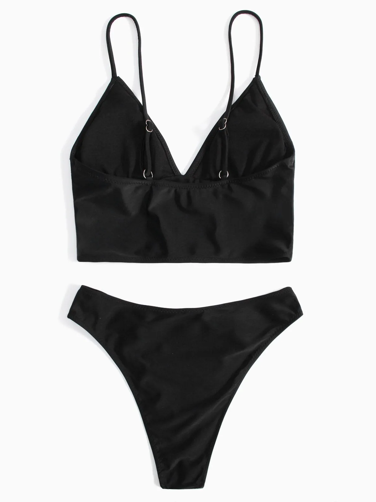 Wholesale Black Deep V Neck Sleeveless Plain Two Piece Bikinis
