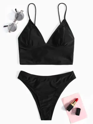 Wholesale Black Deep V Neck Sleeveless Plain Two Piece Bikinis