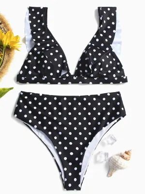 Wholesale Black Deep V-Neck Sleeveless Polka Dot Two Piece Bikinis