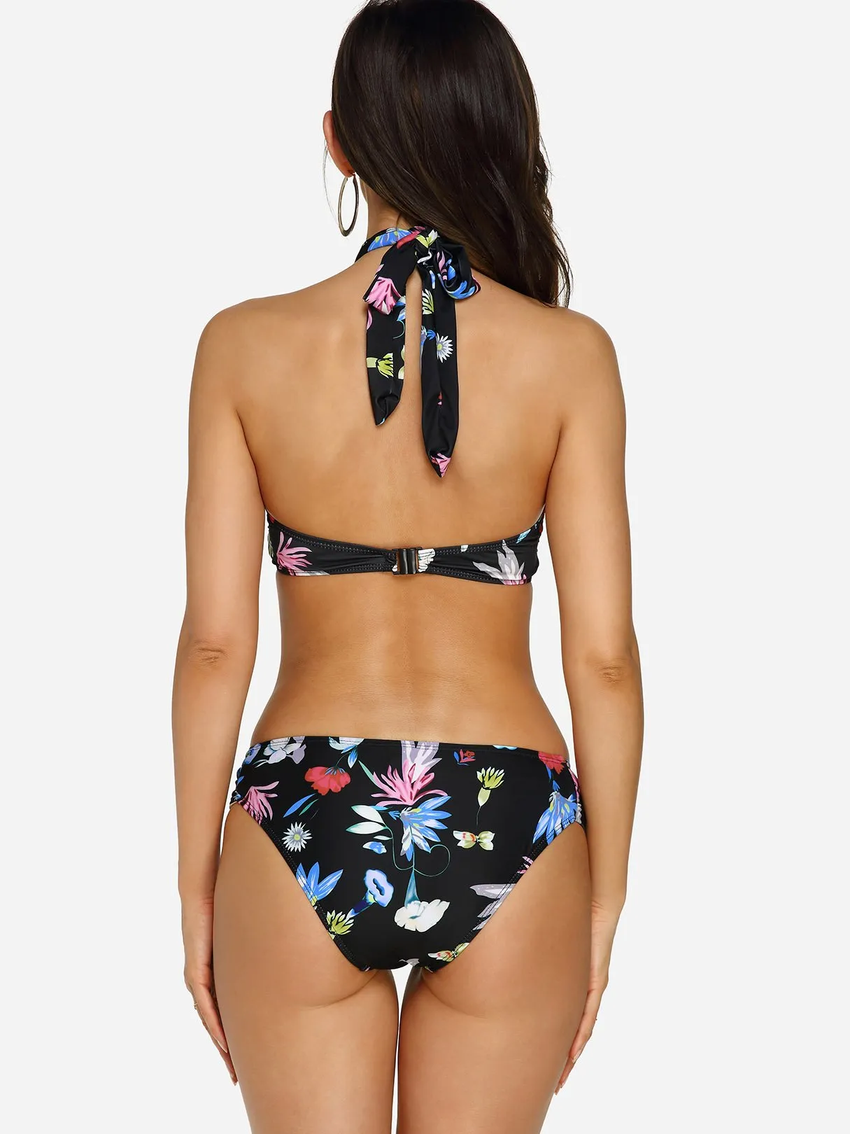 Wholesale Black Halter Sleeveless Floral Print Backless Tie-Up Bikinis