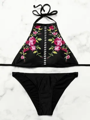 Wholesale Black Halter Sleeveless Floral Print Bikinis