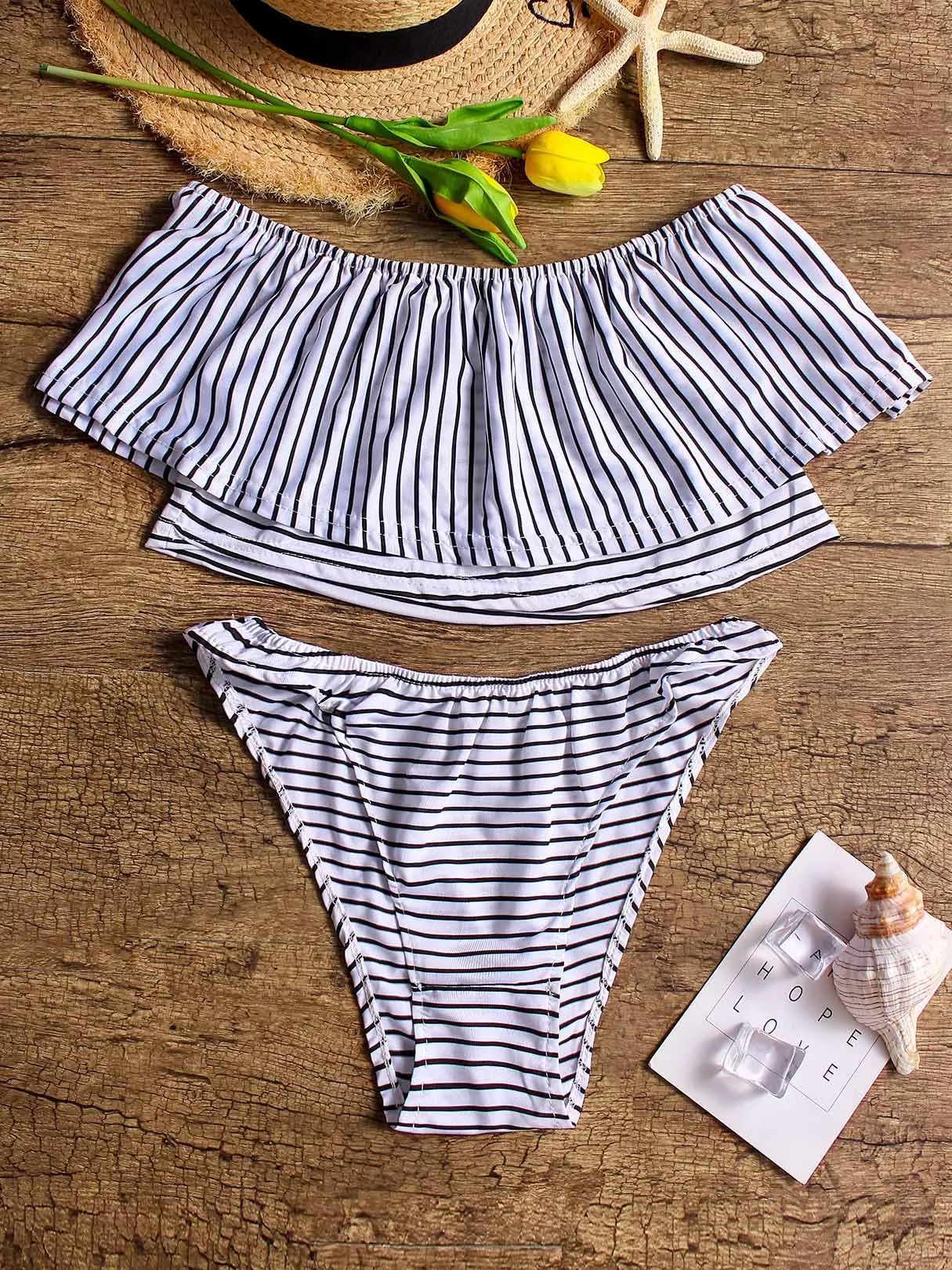 Wholesale Black Off The Shoulder Sleeveless Stripe Tiered Bikinis