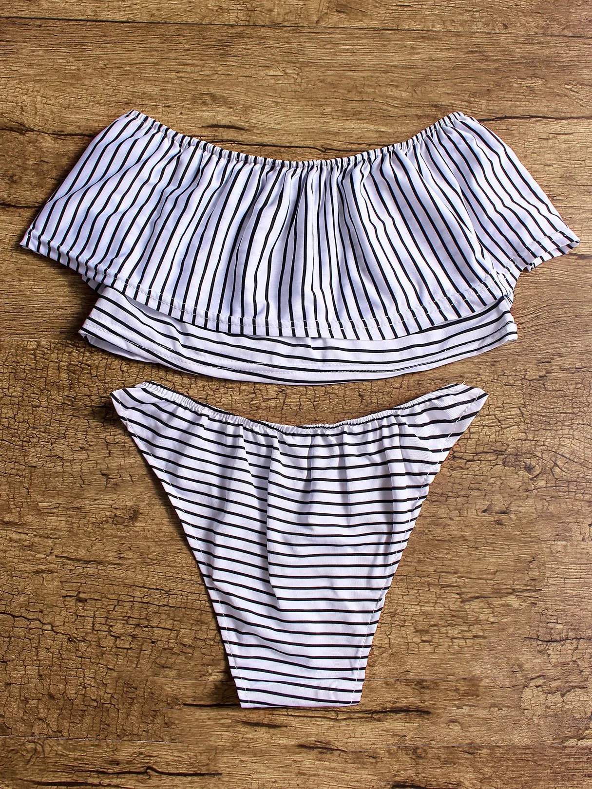 Wholesale Black Off The Shoulder Sleeveless Stripe Tiered Bikinis