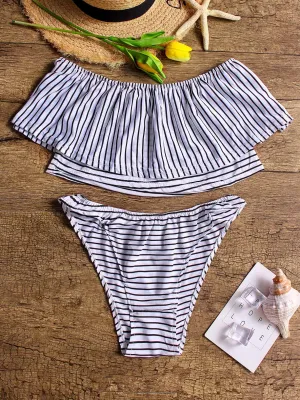 Wholesale Black Off The Shoulder Sleeveless Stripe Tiered Bikinis