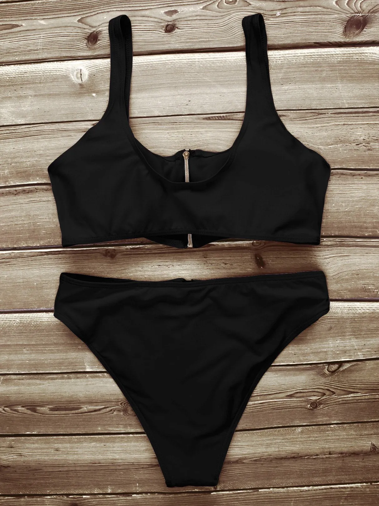 Wholesale Black Scoop Neck Plain High-Waisted 2 Piece Bikinis