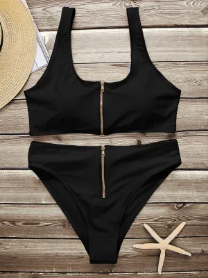 Wholesale Black Scoop Neck Plain High-Waisted 2 Piece Bikinis