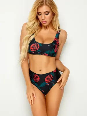 Wholesale Black Scoop Neck Sleeveless Floral Print High-Waisted Two Piece Bikinis