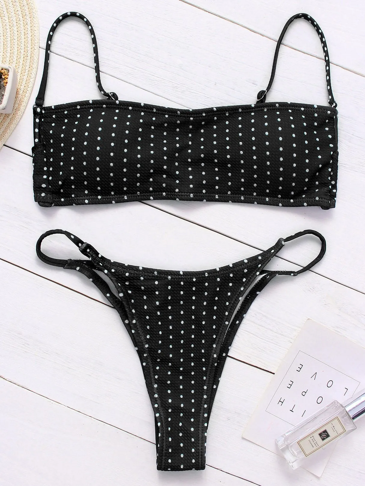 Wholesale Black Square Neck Sleeveless Polka Dot Spaghetti Strap Bikinis