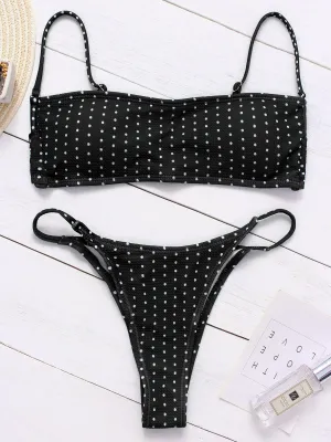 Wholesale Black Square Neck Sleeveless Polka Dot Spaghetti Strap Bikinis