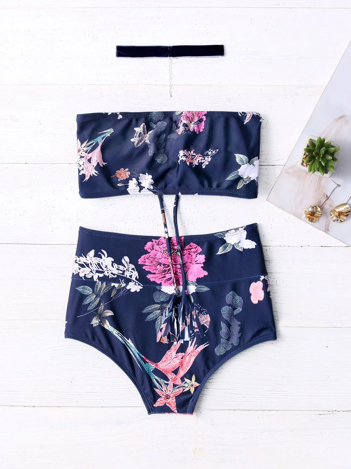 Wholesale Black Strapless Sleeveless Floral Print Crossed Front Lace-Up Two Piece Bikinis