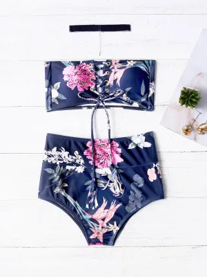 Wholesale Black Strapless Sleeveless Floral Print Crossed Front Lace-Up Two Piece Bikinis