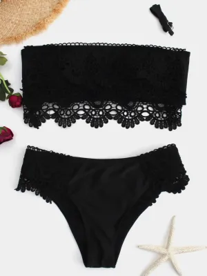 Wholesale Black Tube Top Lace Self-Tie Two Piece Bikini