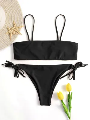 Wholesale Black Tube Top Sleeveless Plain Spaghetti Strap Tie-Up Bikinis