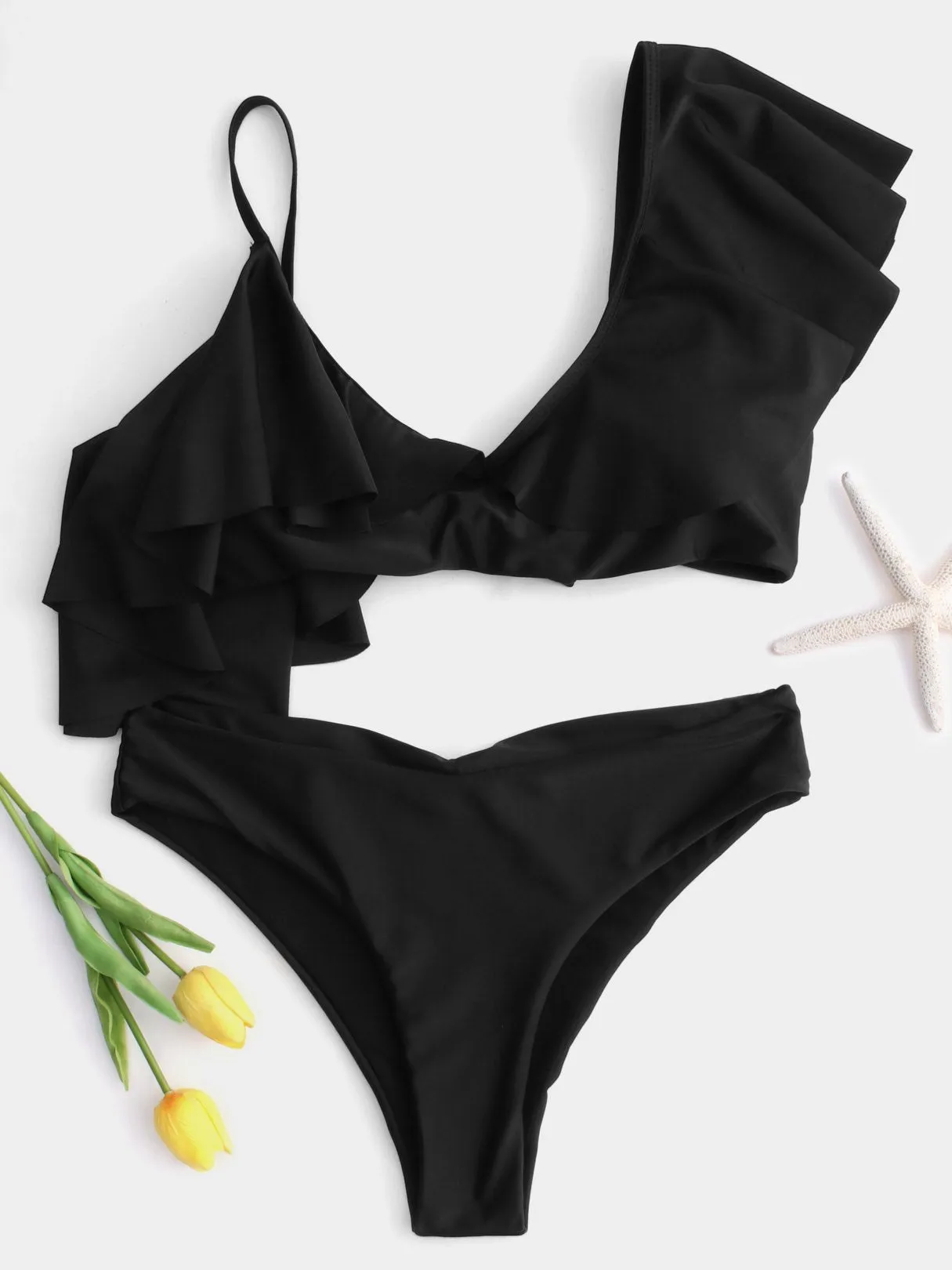 Wholesale Black V-Neck Asymmetrical Sleeveless Floral Print Tie-Up Ruffle Trim Bikini Set Swimwear