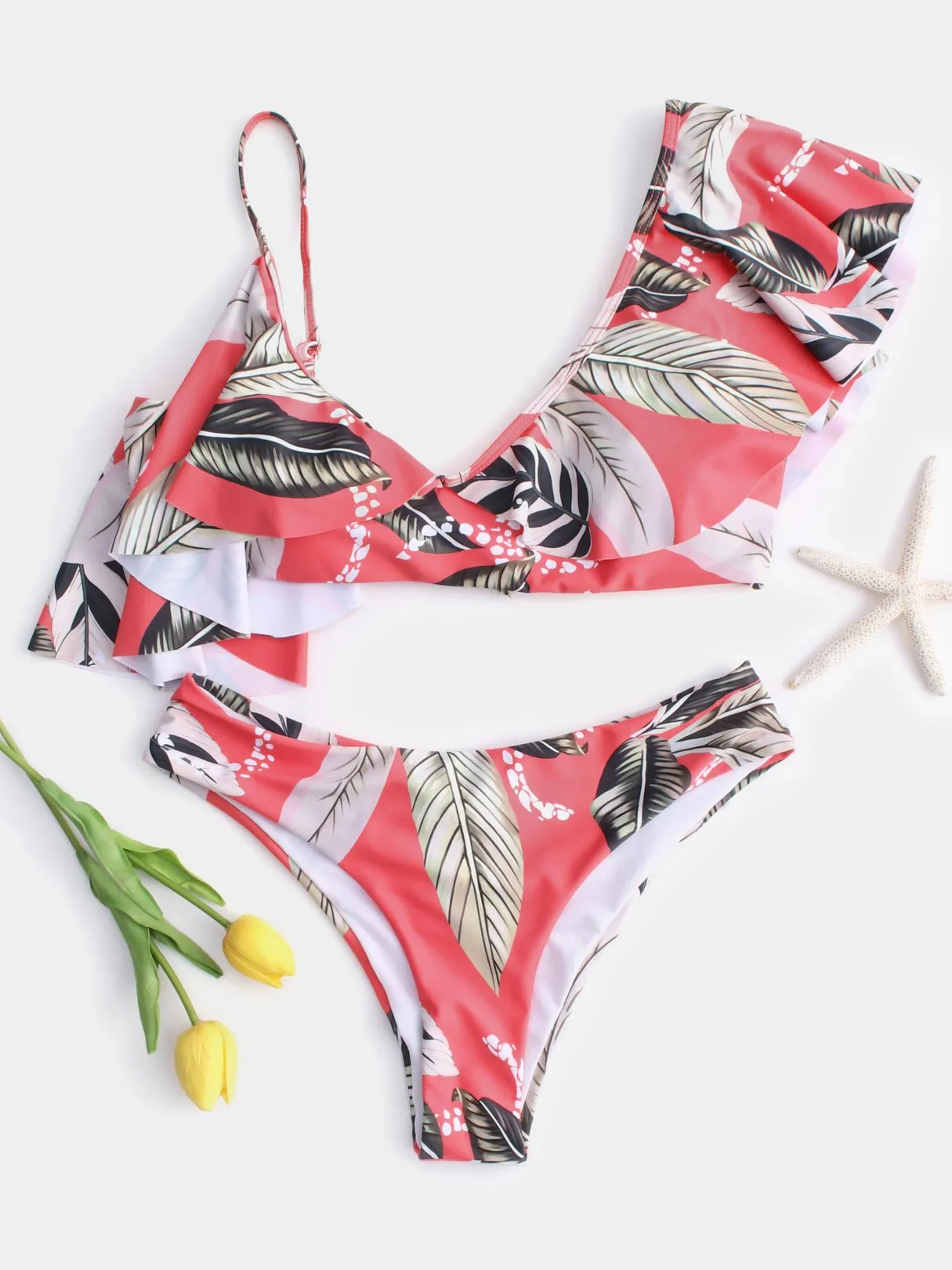 Wholesale Black V-Neck Asymmetrical Sleeveless Floral Print Tie-Up Ruffle Trim Bikini Set Swimwear