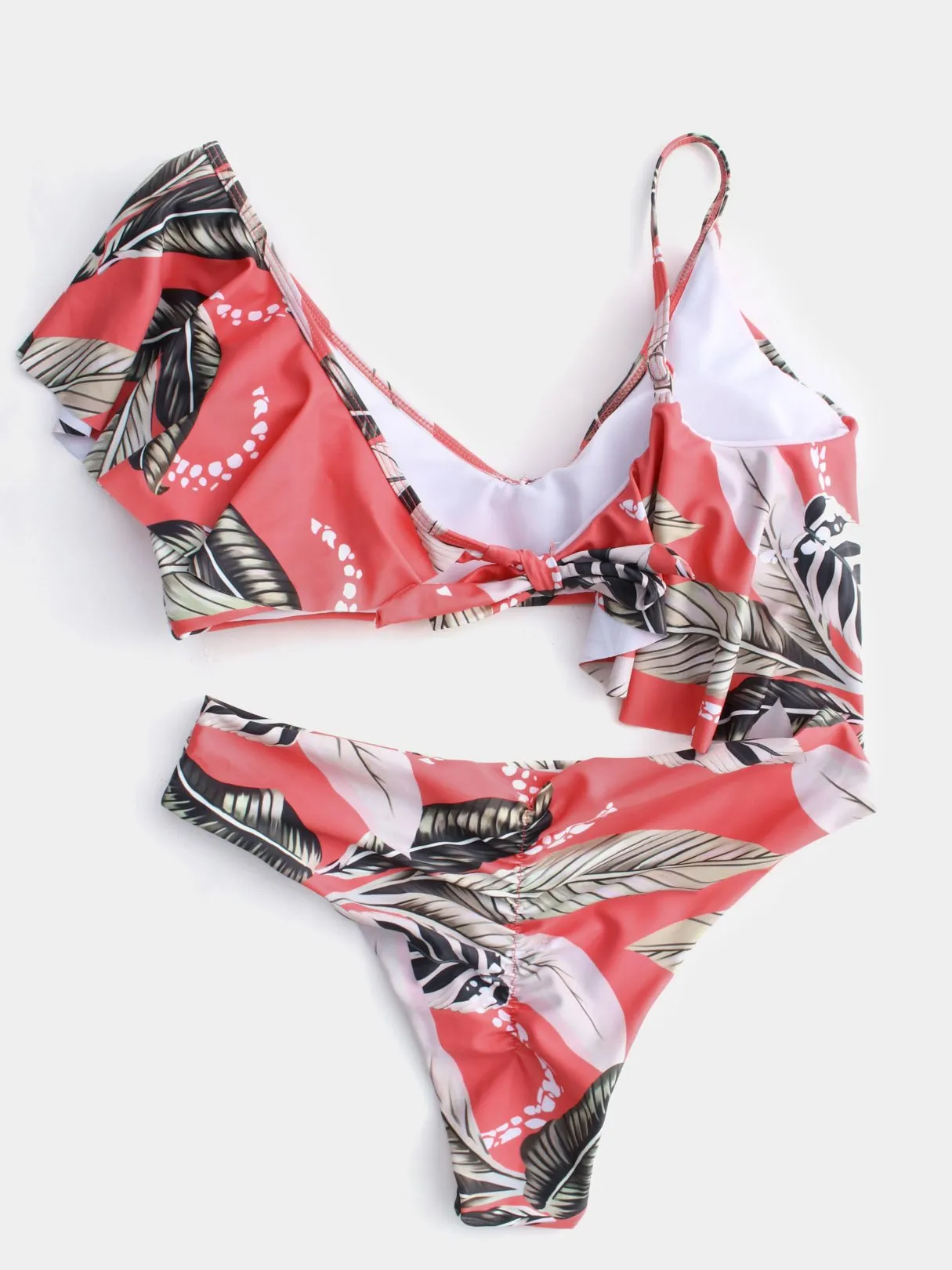Wholesale Black V-Neck Asymmetrical Sleeveless Floral Print Tie-Up Ruffle Trim Bikini Set Swimwear
