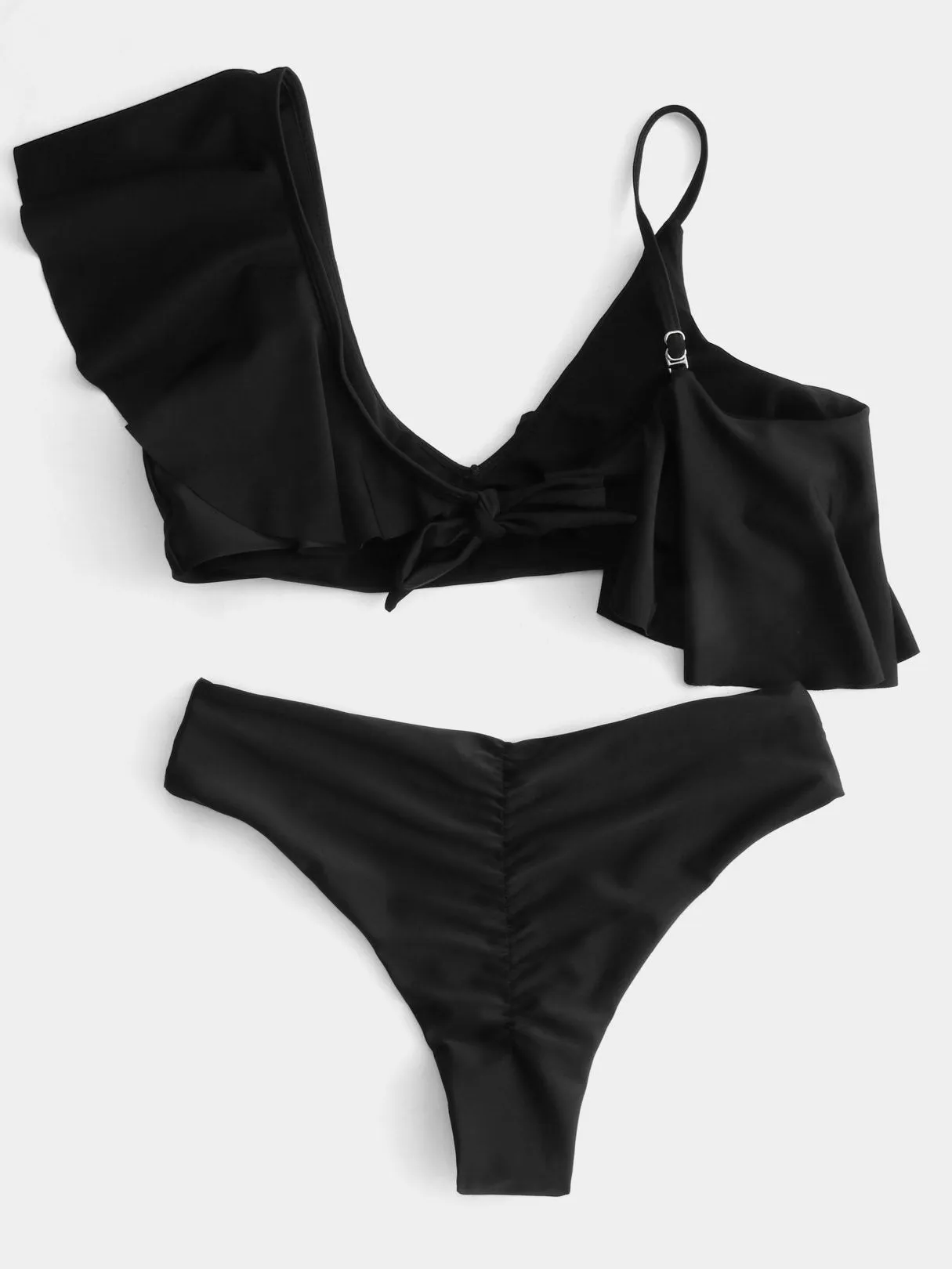 Wholesale Black V-Neck Asymmetrical Sleeveless Floral Print Tie-Up Ruffle Trim Bikini Set Swimwear