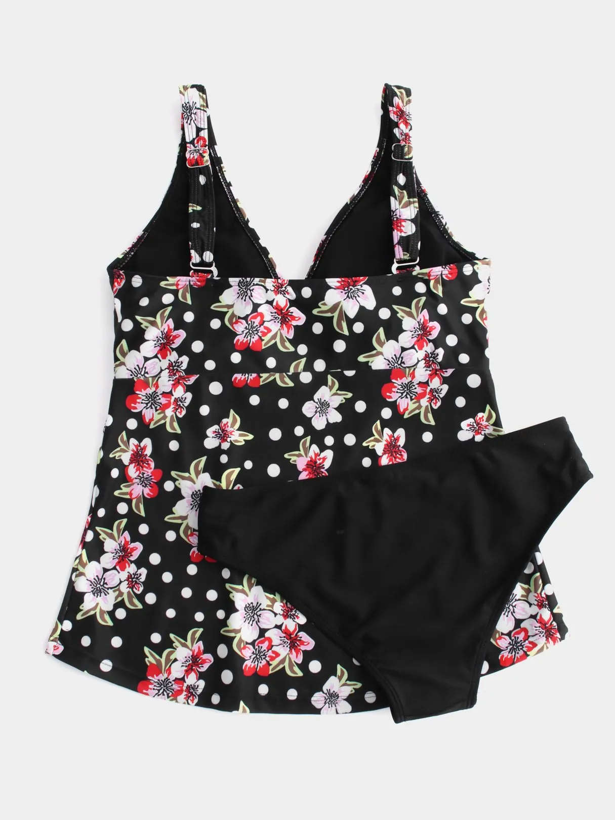 Wholesale Black V-Neck Polka Dot Floral Print Tie-Up Tankinis