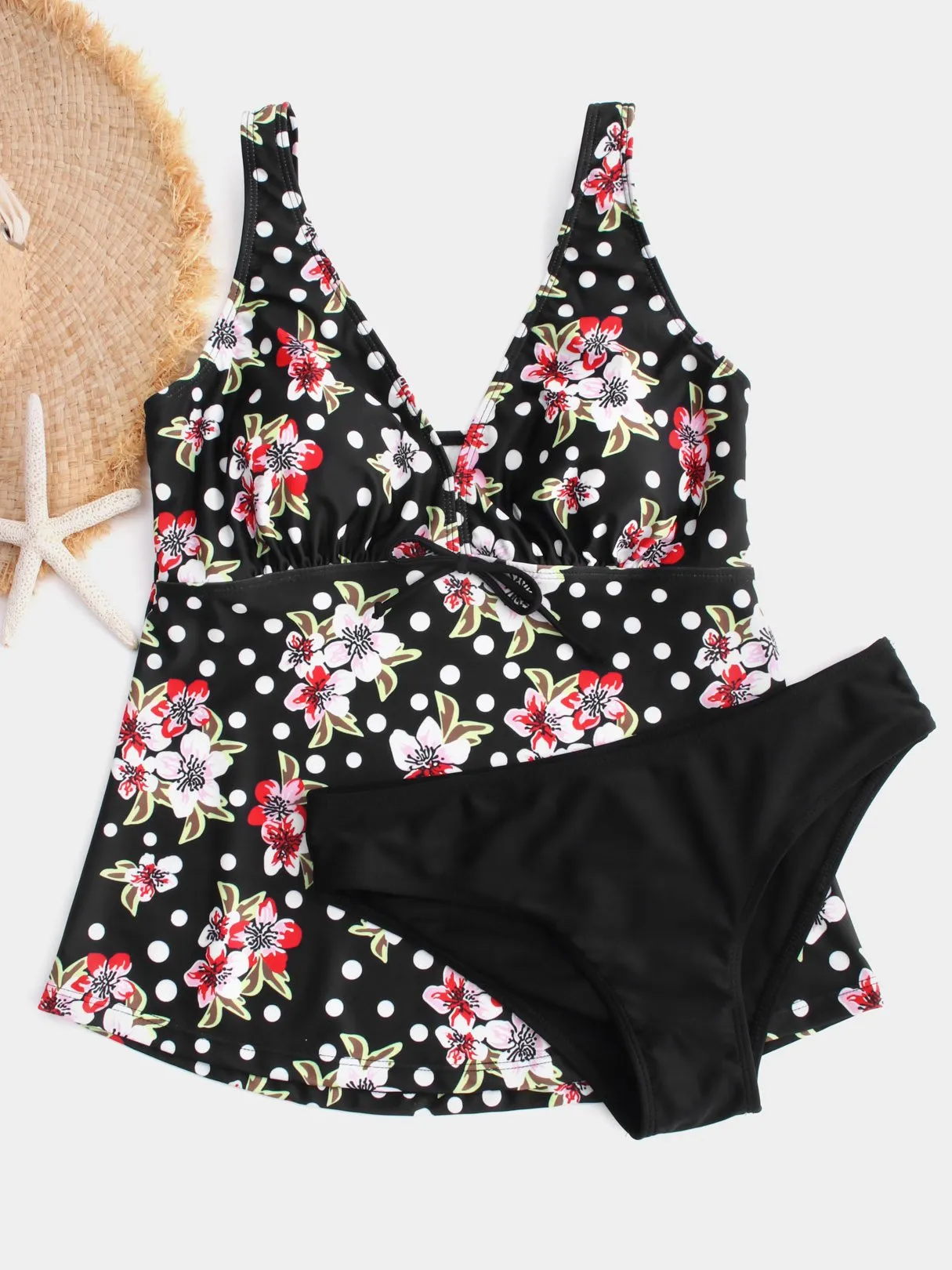 Wholesale Black V-Neck Polka Dot Floral Print Tie-Up Tankinis