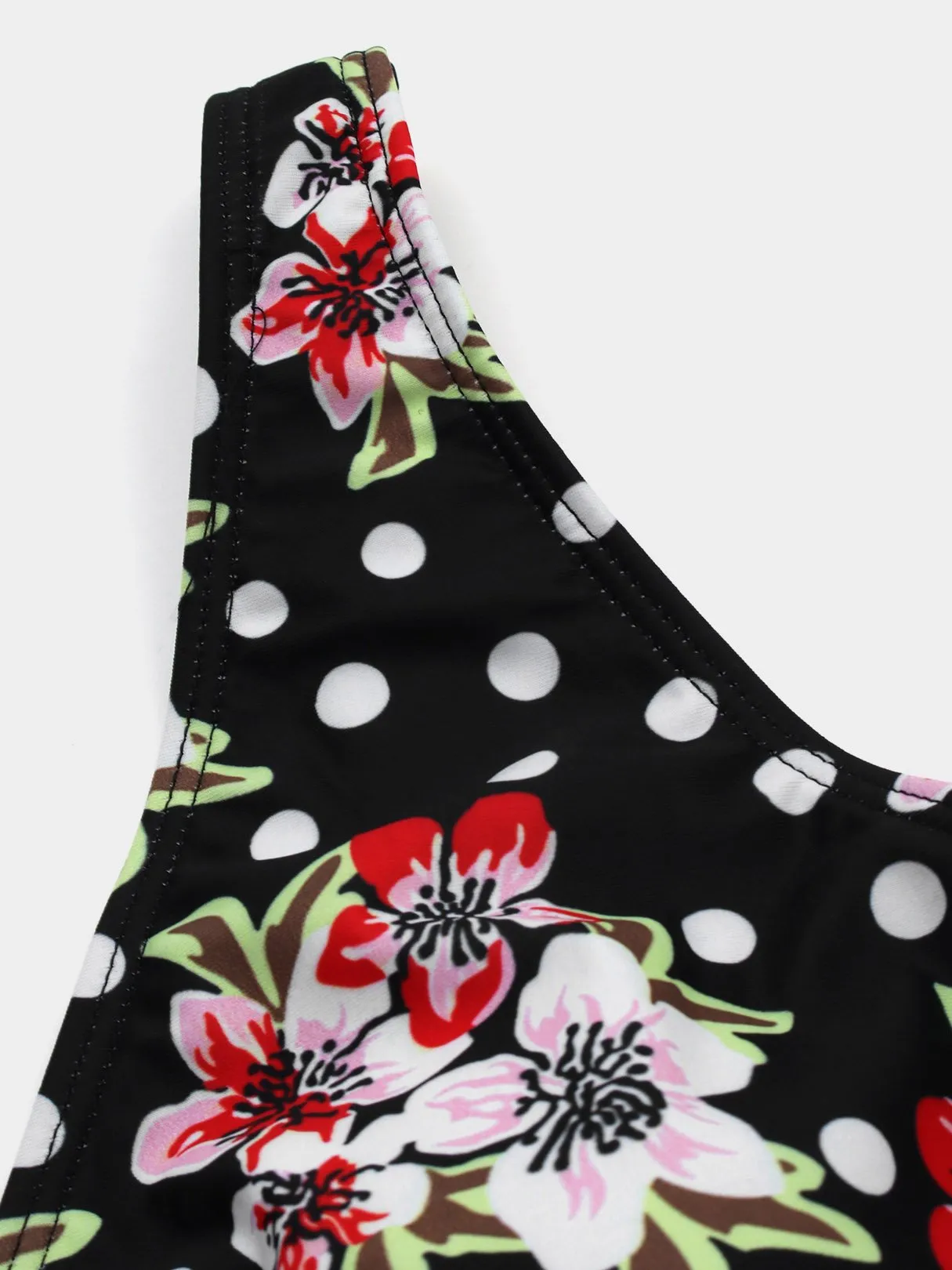 Wholesale Black V-Neck Polka Dot Floral Print Tie-Up Tankinis