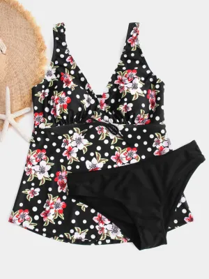 Wholesale Black V-Neck Polka Dot Floral Print Tie-Up Tankinis
