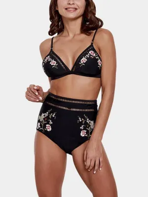 Wholesale Black V-Neck Sleeveless Embroidered Hollow Tie-Up High-Waisted Two Piece Bikinis