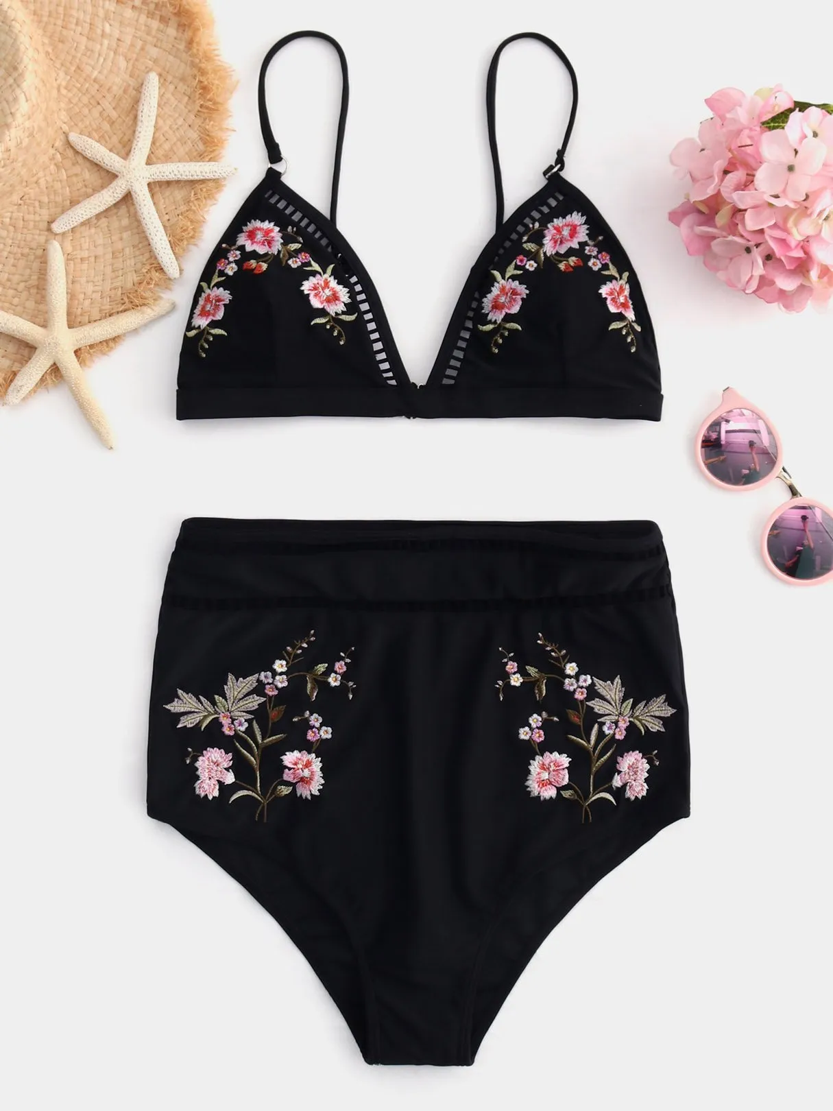 Wholesale Black V-Neck Sleeveless Embroidered Hollow Tie-Up High-Waisted Two Piece Bikinis